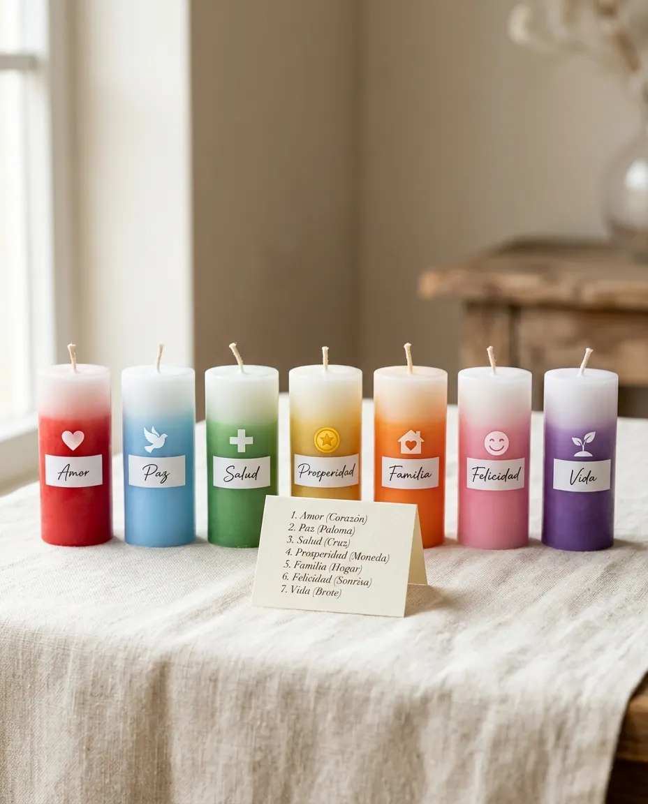 Siete velas de colores en fila, cada una con su palabra y su signo