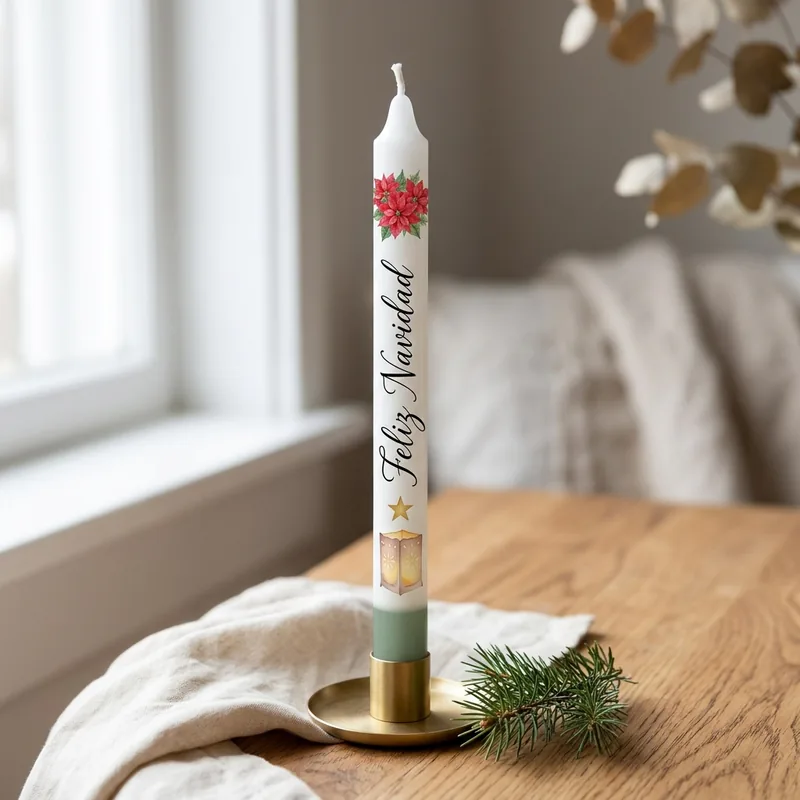 Vela blanca con Feliz Navidad, flores de pascua y farolito