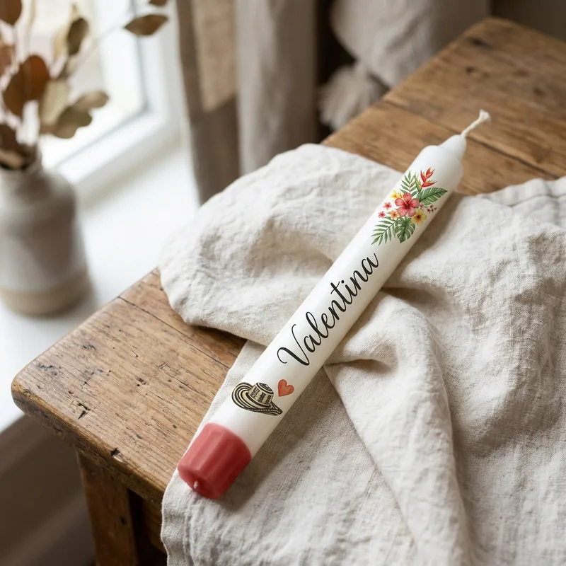 Vela blanca con el nombre Valentina, sombrero vueltiao y flores tropicales
