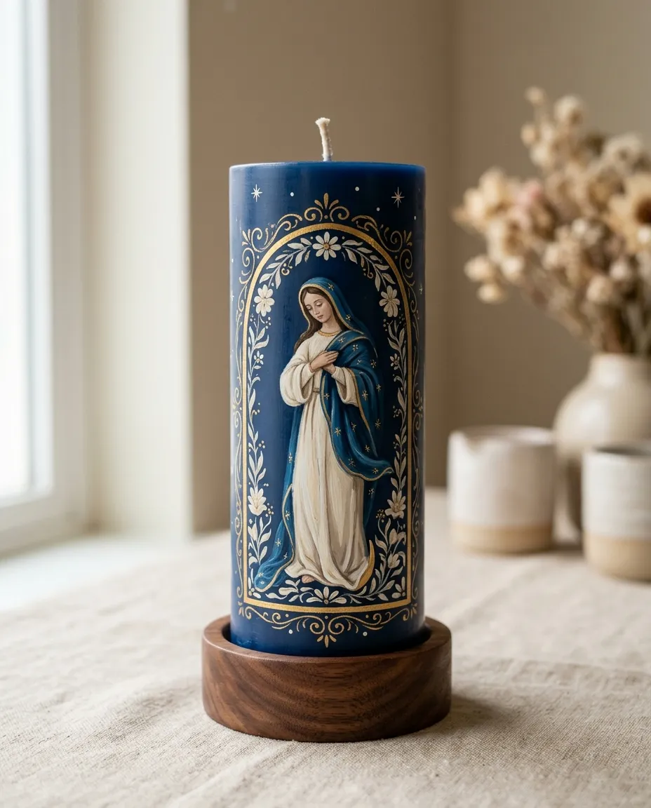 Vela azul pintada a mano con la Virgen y un marco dorado